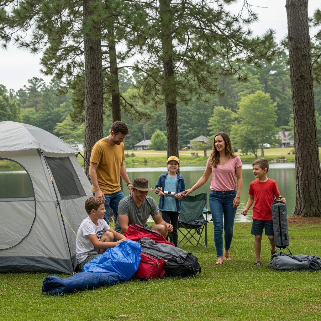 Family camping scene at a campground highlighting outdoor adventures and savings