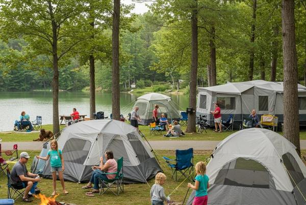 Family camping scene at Walnut Hills Campground with tents, children playing, and a natural lake backdrop
