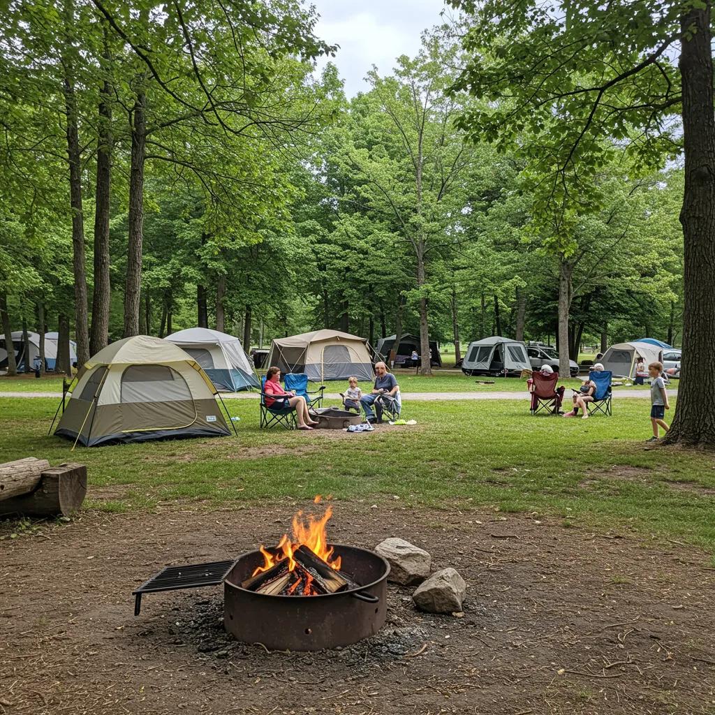 Family camping scene highlighting safety guidelines in a lush Michigan campground