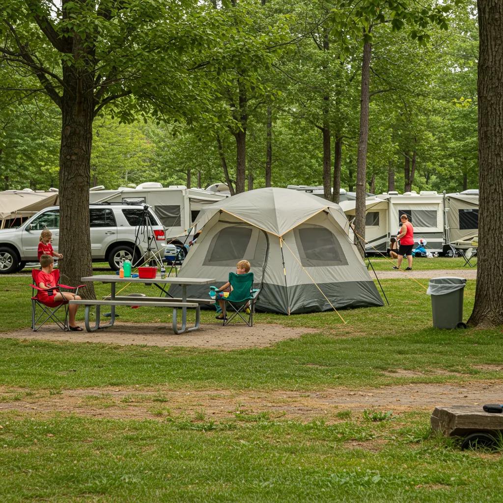 Family camping scene showcasing a tent and children playing in a lush campground