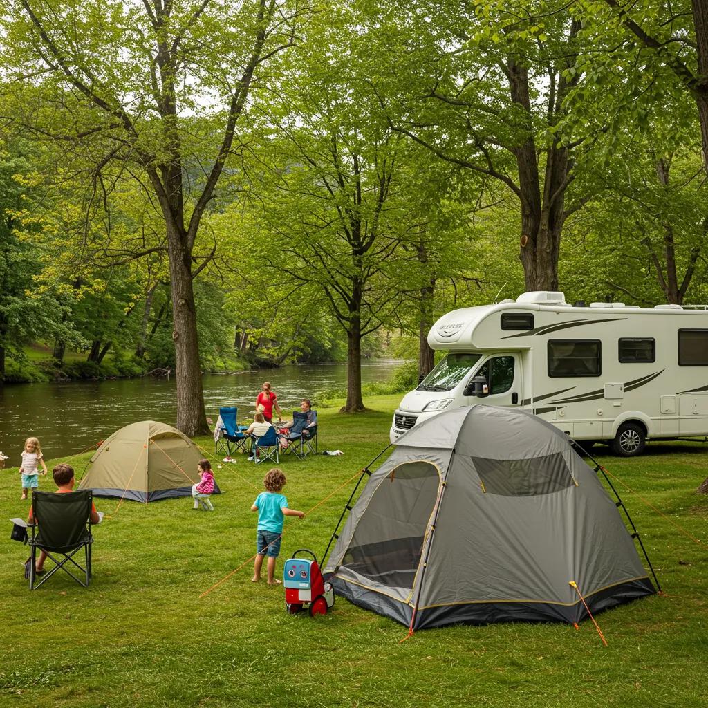 Family camping scene showcasing tent and RV camping at Walnut Hills Family Campground