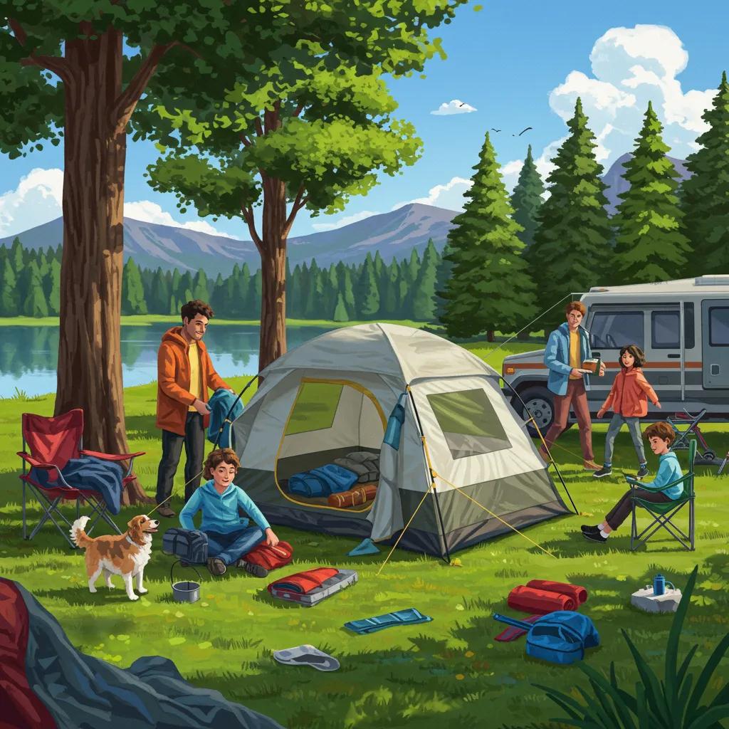Family camping scene with a tent setup at a beautiful campground