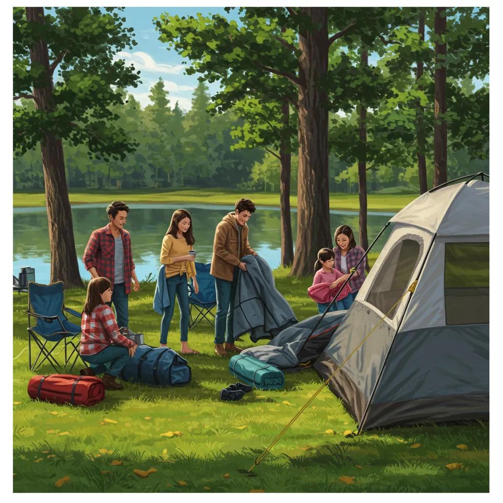 Family camping scene with a tent setup near a lake, highlighting outdoor adventure and family bonding