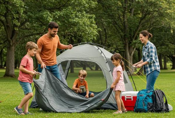Family camping scene with parents and children setting up a tent in a lush campground