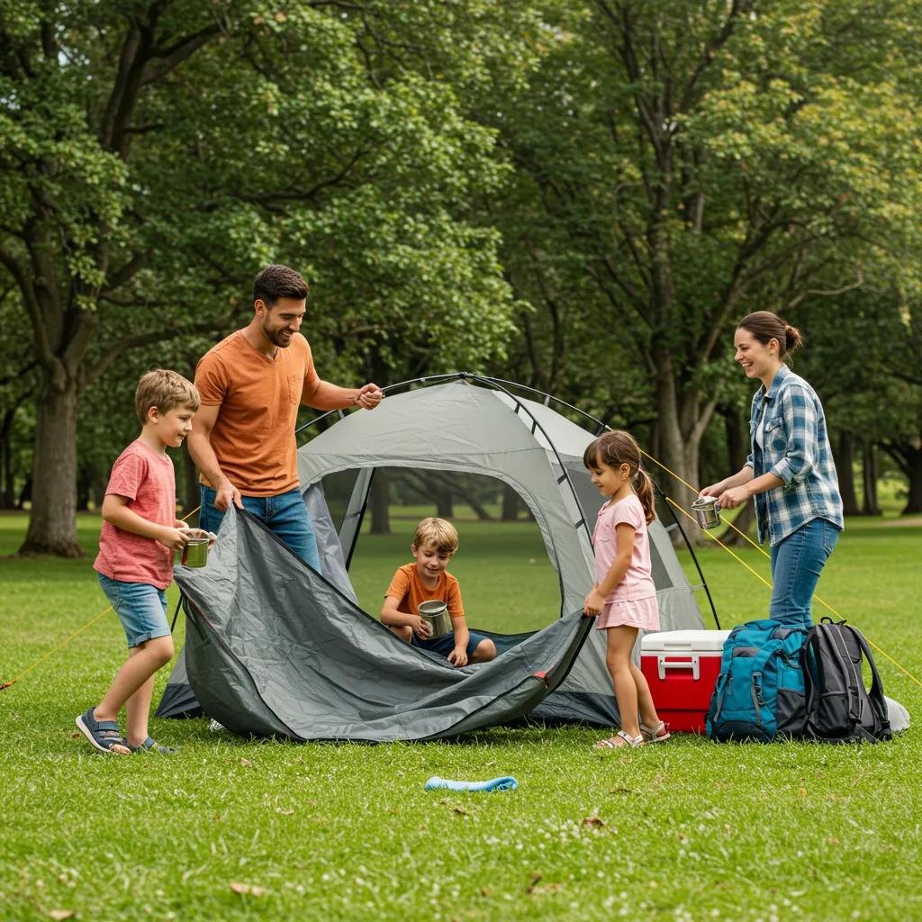 Family camping scene with parents and children setting up a tent in a lush campground