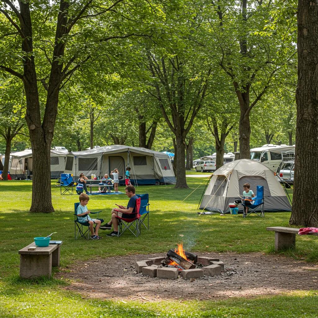Family camping scene with tents and children playing in a lush campground
