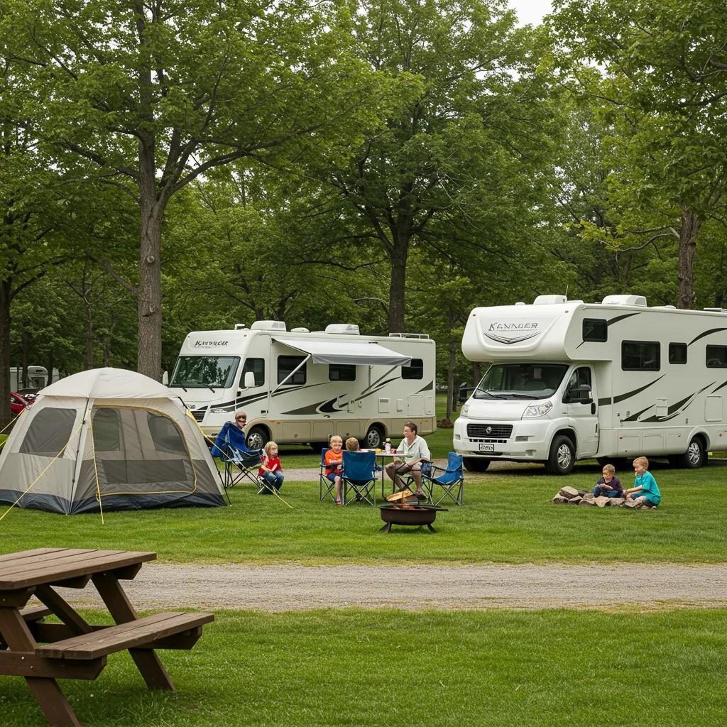 Family camping scene with tents and RVs in a lush campground setting