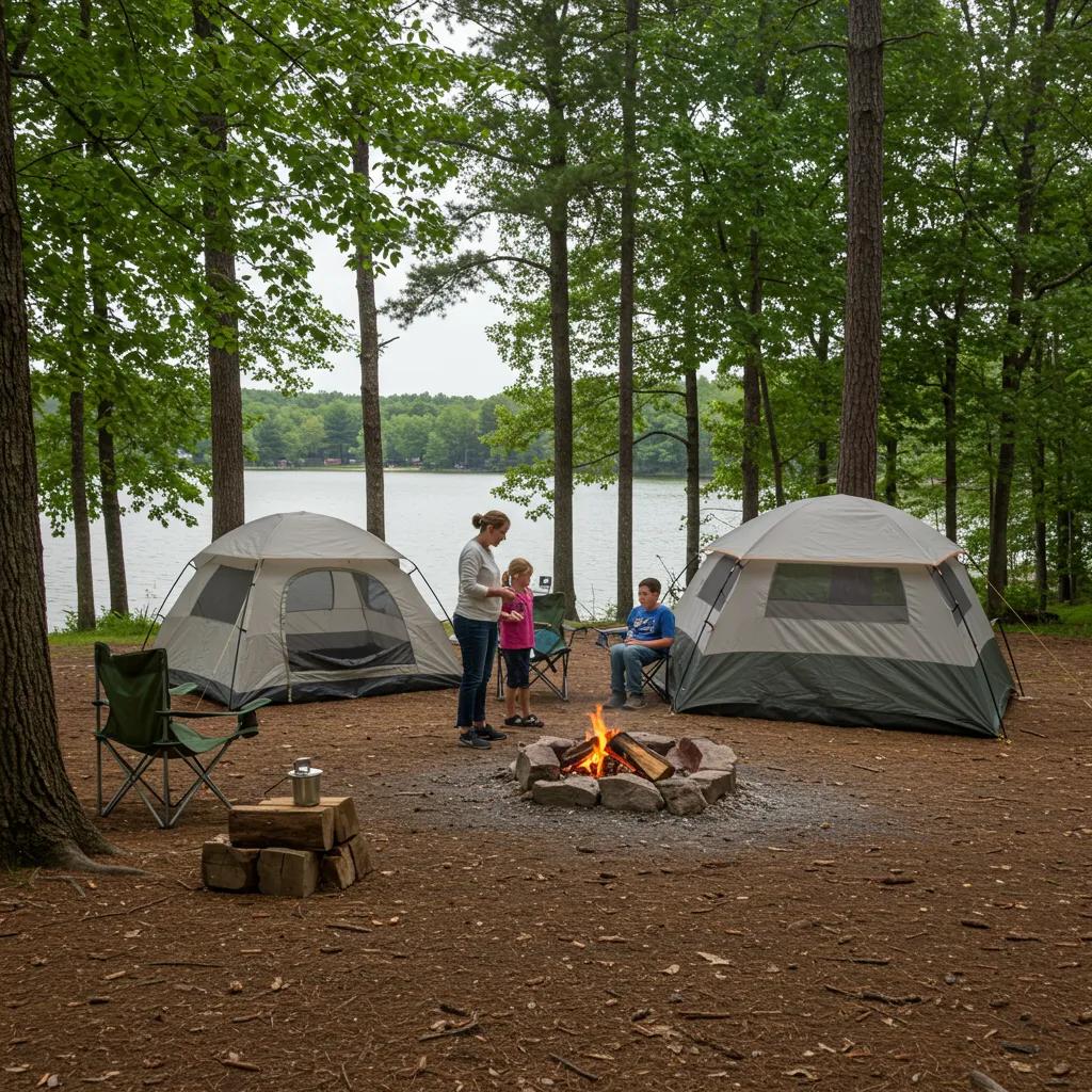 Family camping setup at an Ohio campground with a tent and campfire