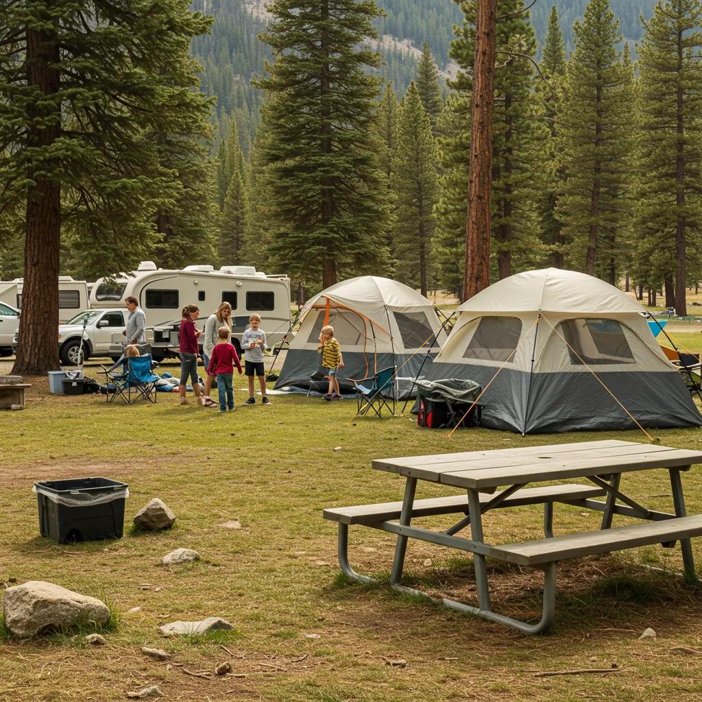Family camping setup with tent and picnic table in a scenic campground