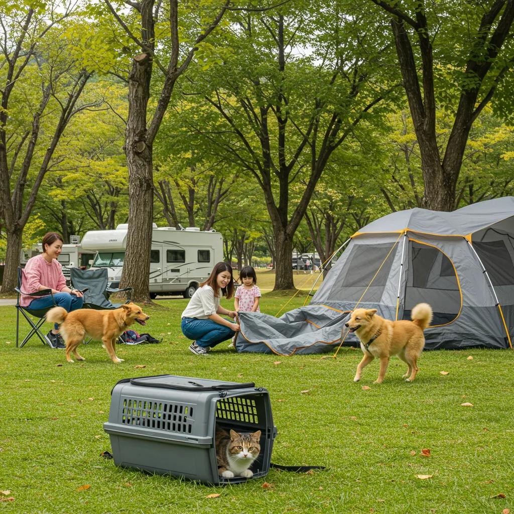 Family camping with a dog and cat in a scenic campground, showcasing a joyful outdoor experience