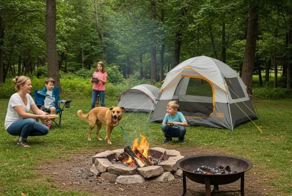 Family camping with a dog at a Michigan campground, showcasing a vibrant outdoor setting