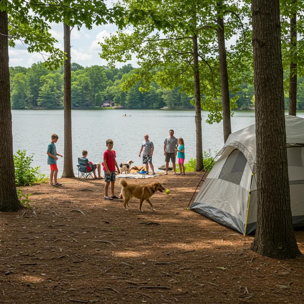 Family camping with a dog at a pet-friendly campground in Michigan