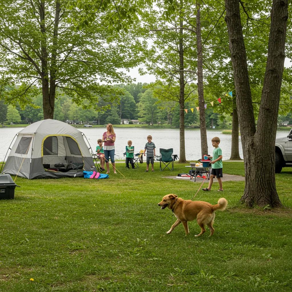 Family camping with a dog at a pet-friendly campground in Michigan