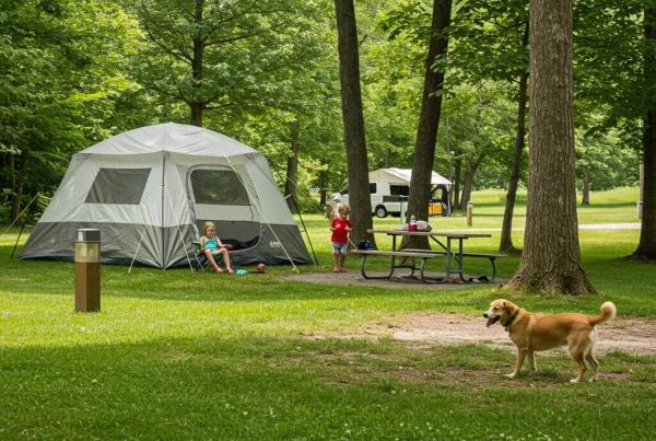 Family camping with a dog at a pet-friendly campground in Michigan