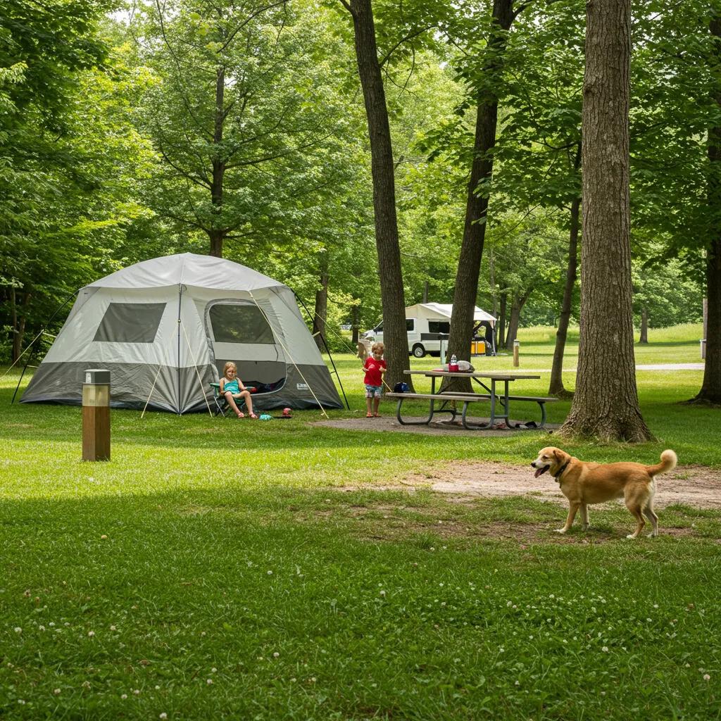 Family camping with a dog at a pet-friendly campground in Michigan