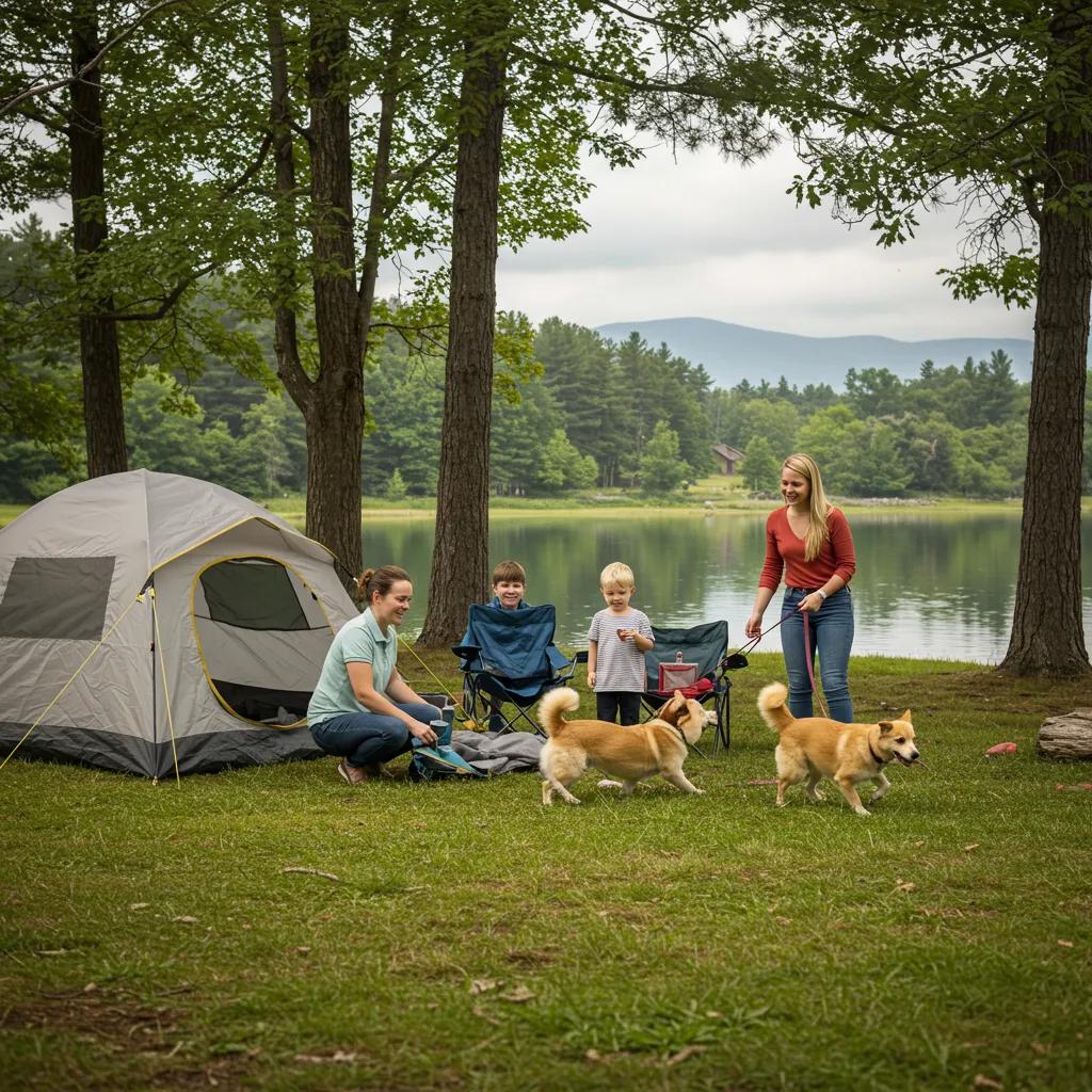 Family camping with a dog at a scenic campsite, highlighting pet-friendly outdoor experiences