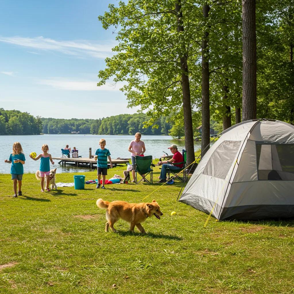 Family camping with a dog at a scenic Michigan campground