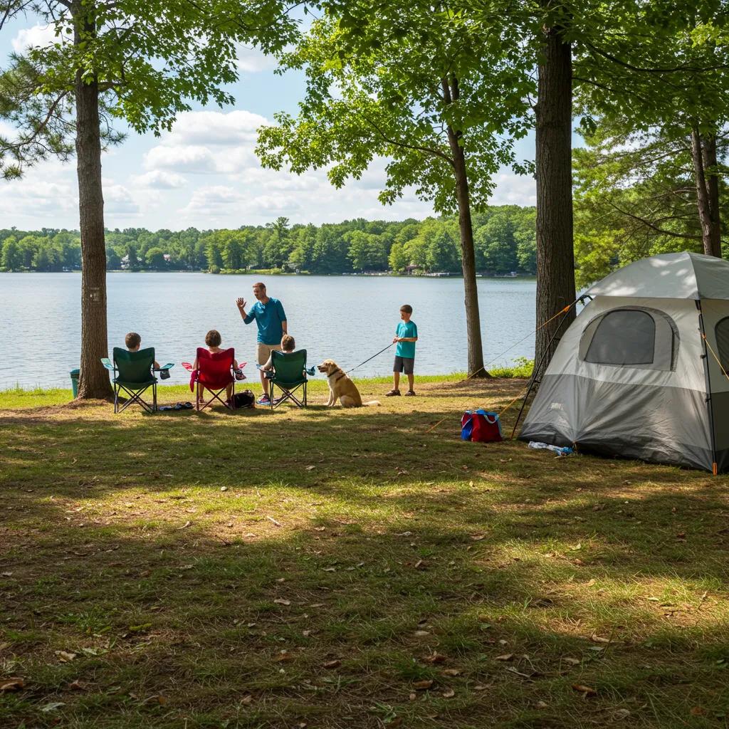 Family camping with a dog at a scenic Michigan campground
