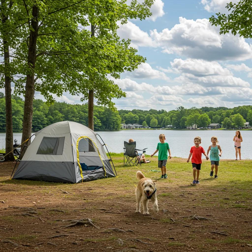 Family camping with a dog at a scenic Michigan campground