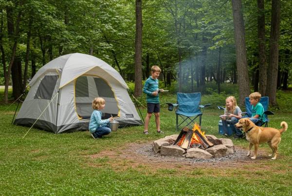 Family camping with a dog in a pet-friendly Michigan campground