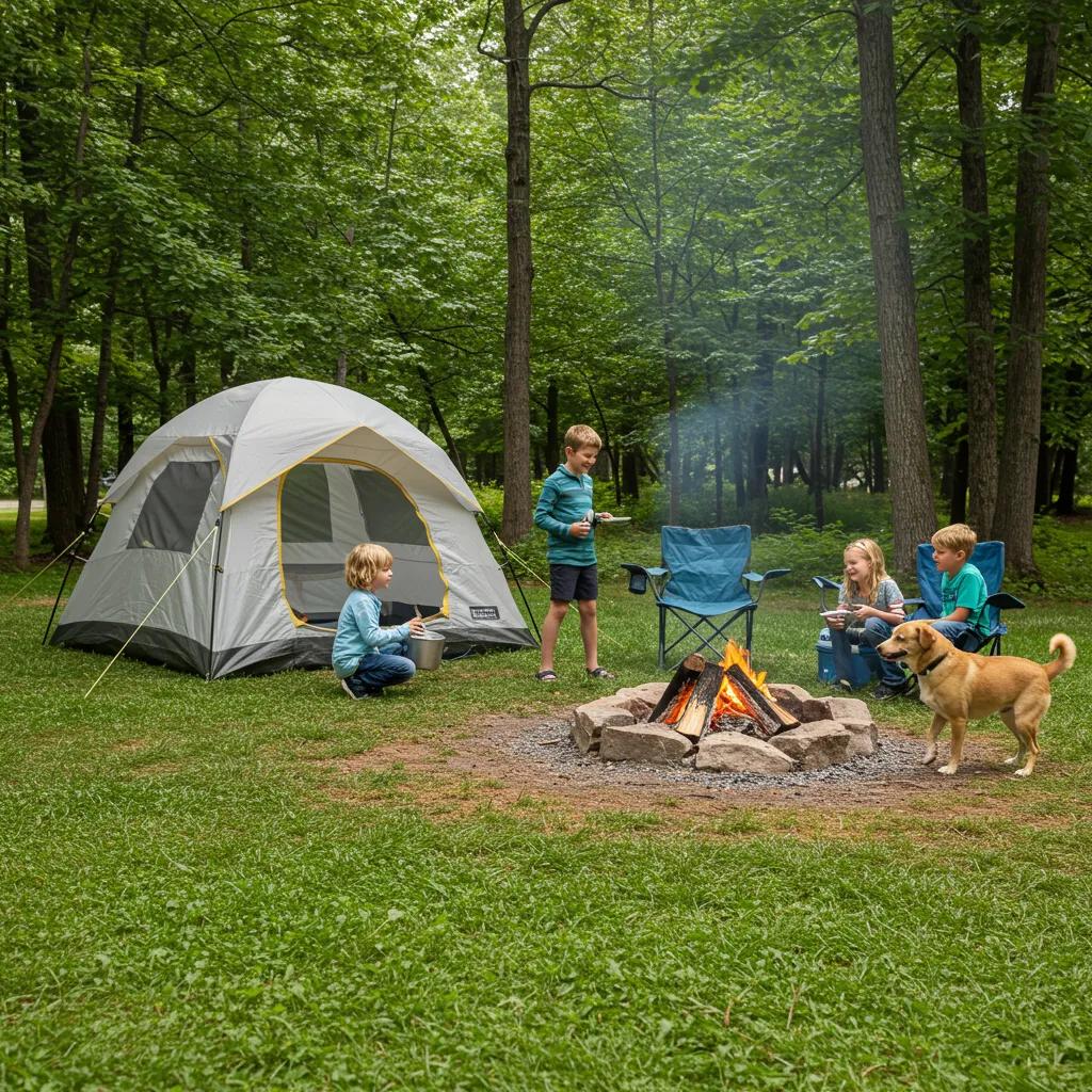 Family camping with a dog in a pet-friendly Michigan campground