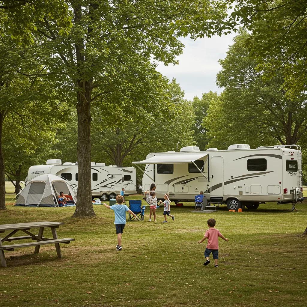 Family camping with tents and RVs in a scenic campground