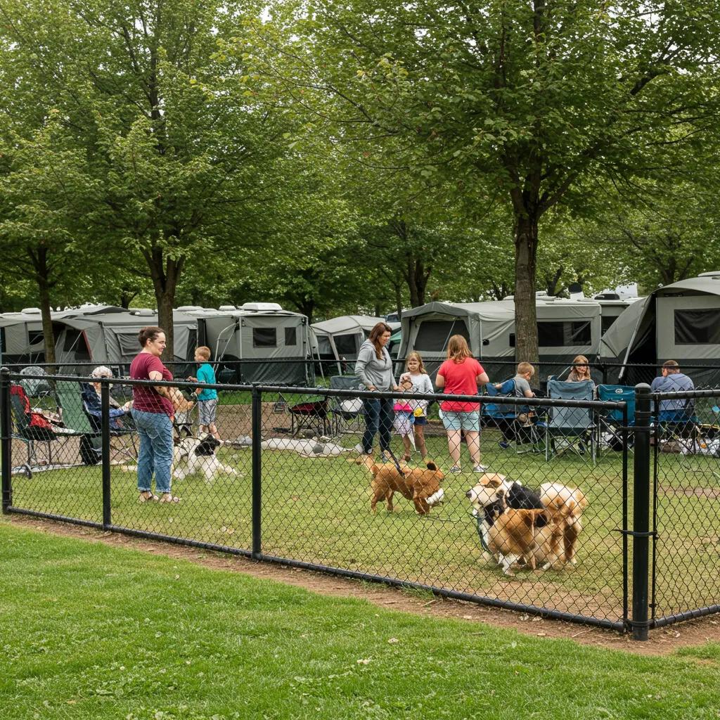 Family camping with their dog at a pet-friendly campground with a dog park