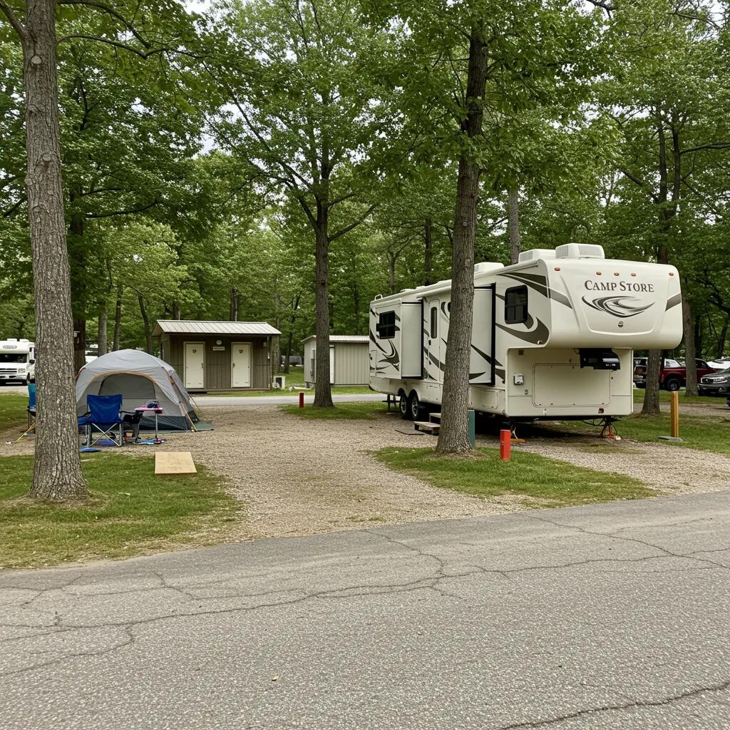 Family campsite with RV and tent accommodations, showcasing campground amenities