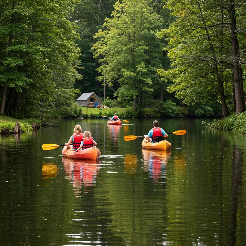 Family canoeing on a lake, showcasing the environmental benefits of renting camping gear and enjoying nature