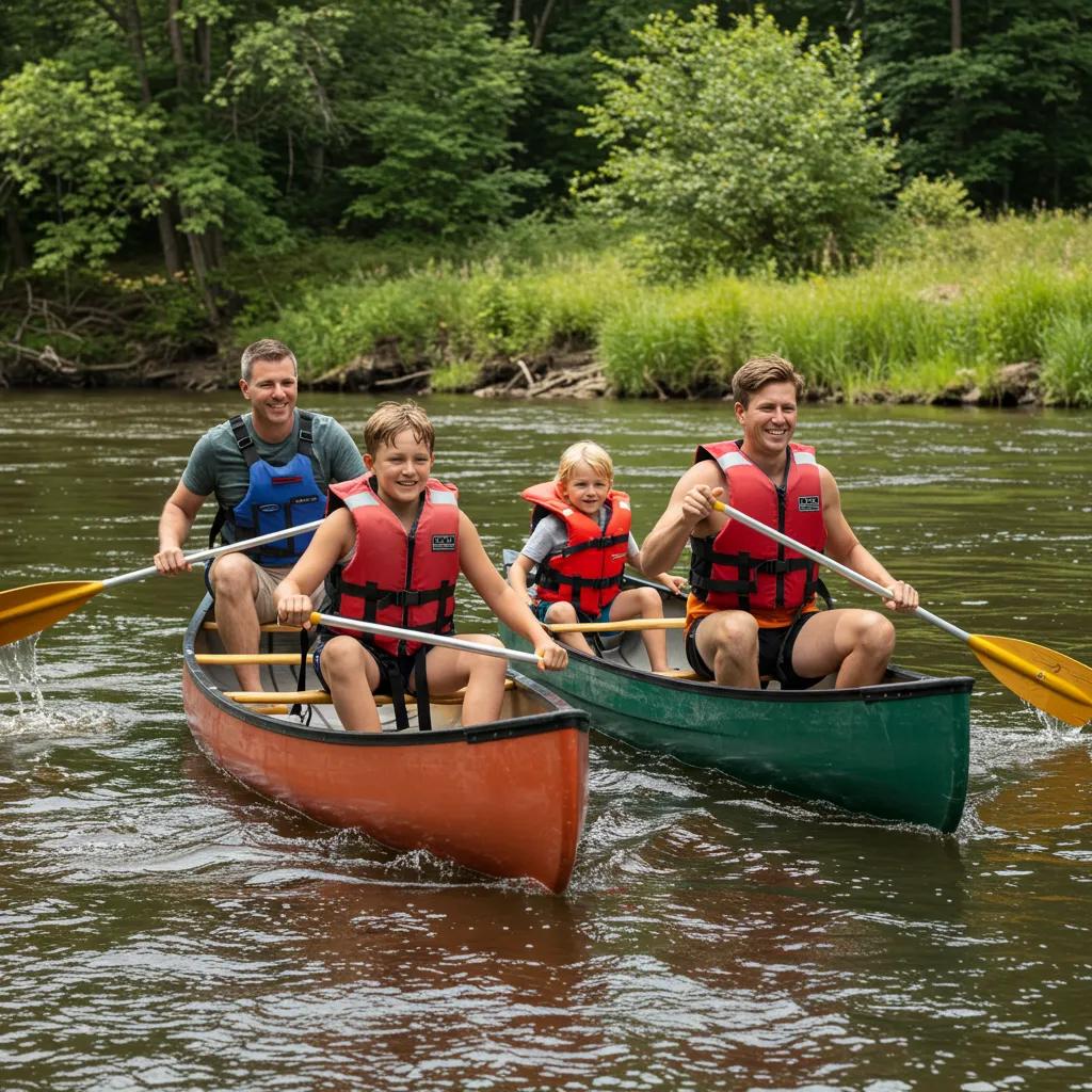 Family canoeing on a river with essential water safety gear