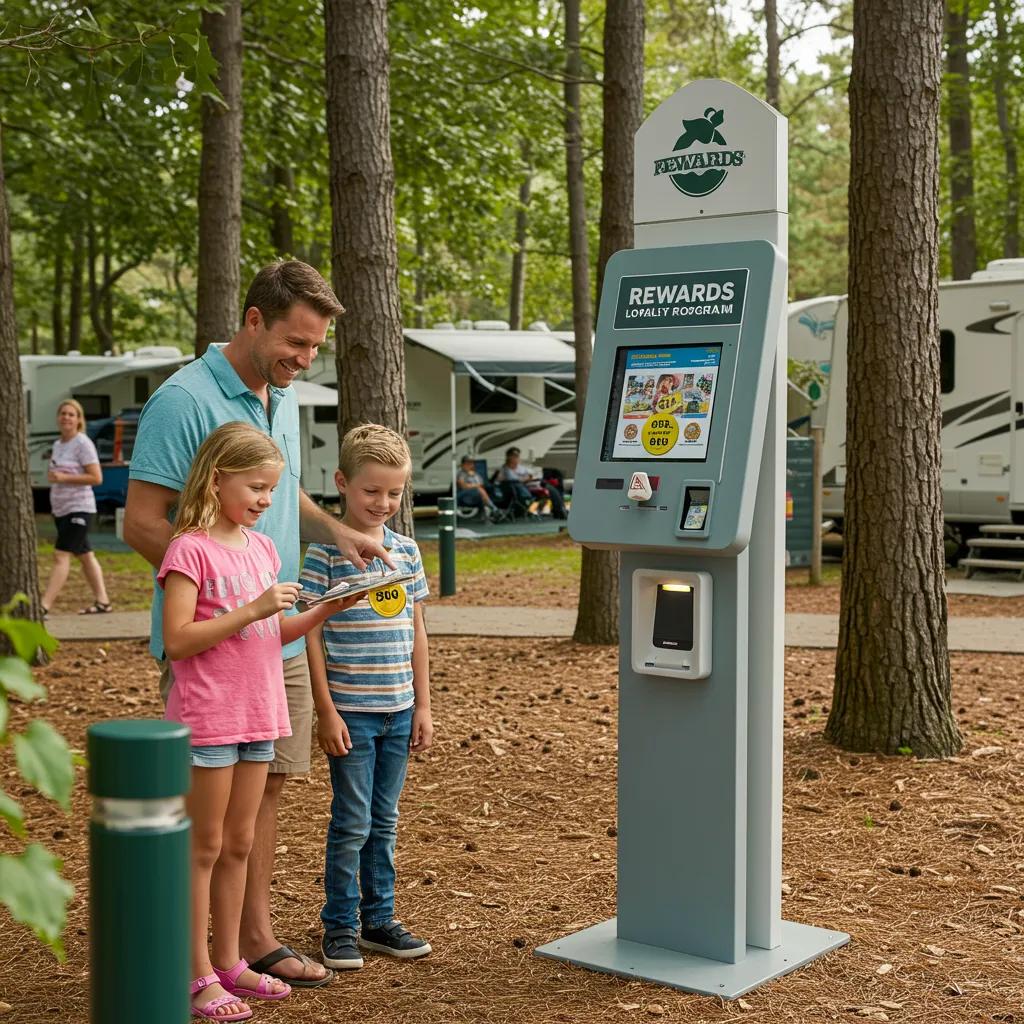 Family engaging with a rewards program at a campground, highlighting savings and loyalty benefits
