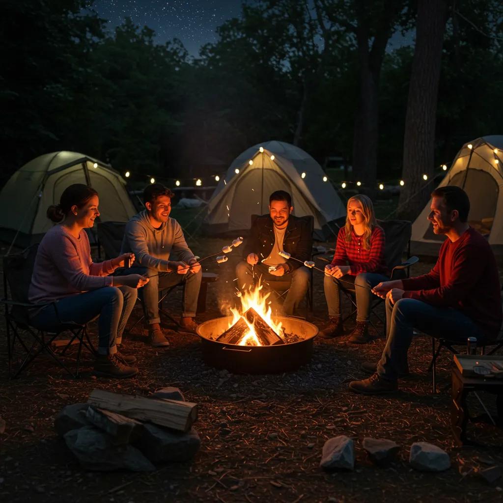 Family enjoying a campfire at a campground with fire pits, highlighting the warmth and social aspect of camping