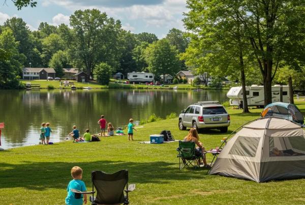 Family enjoying a camping experience at an Ohio campground with a lake and greenery