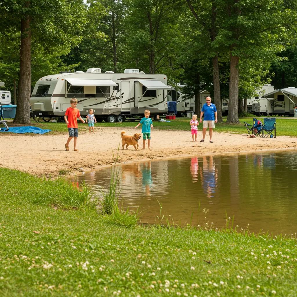 Family enjoying a camping trip at a pet-friendly campground by a lake