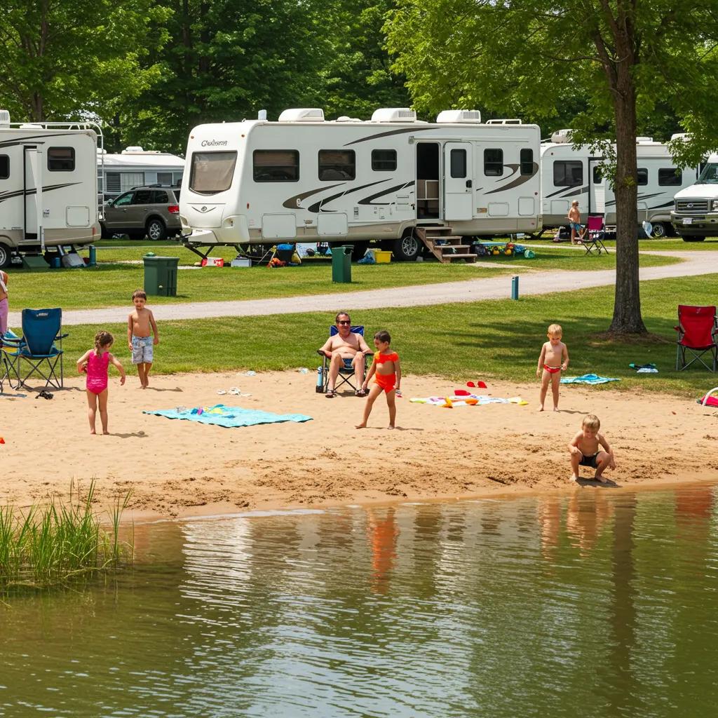 Family enjoying a clean campground with lake access and modern amenities