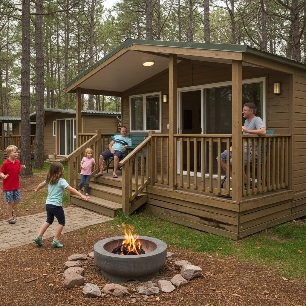 Family enjoying a modern cabin at a Michigan campground, highlighting cabin amenities