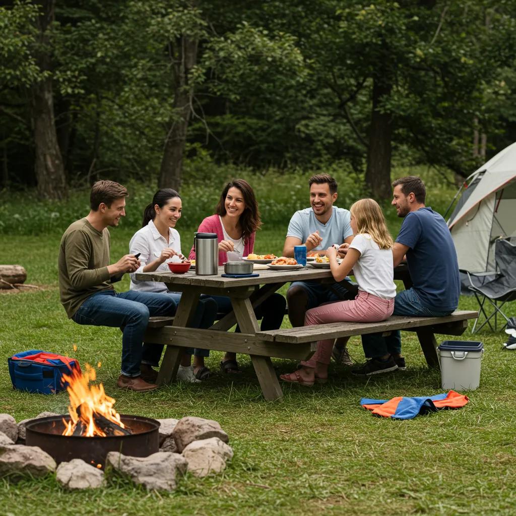 Family enjoying a picnic at a campground with a picnic table surrounded by nature