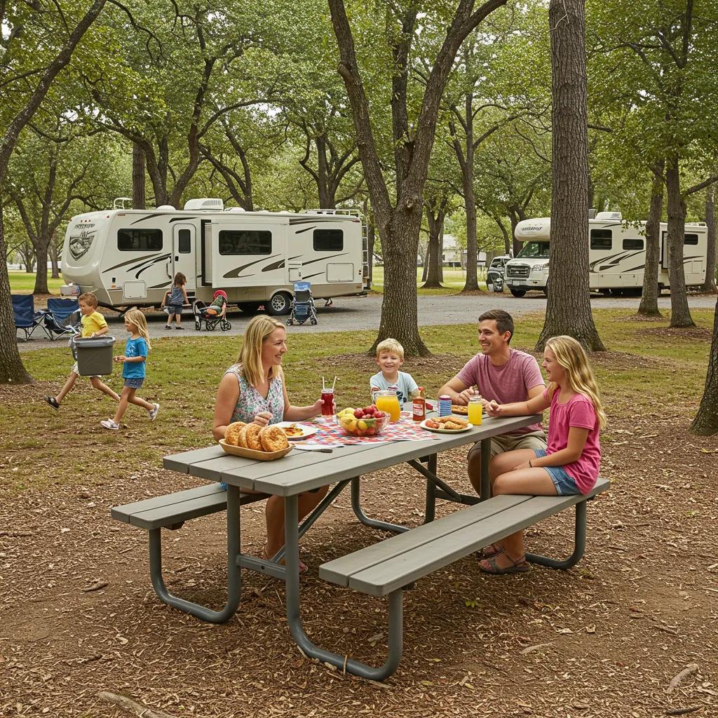 Family enjoying a picnic at a campground with RV, highlighting outdoor dining and recreation