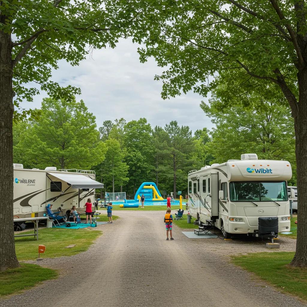 Family enjoying a private campground with amenities like a water park and RV site