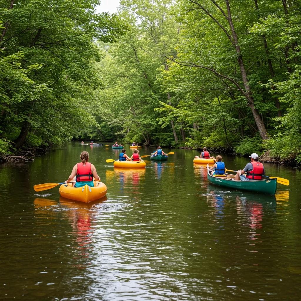 A family smiling as they float down a scenic Michigan river in canoes and tubes, surrounded by lush greenery.