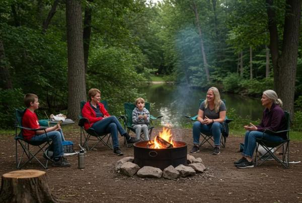Family enjoying a safe campfire in a Michigan park, highlighting campfire regulations and outdoor safety