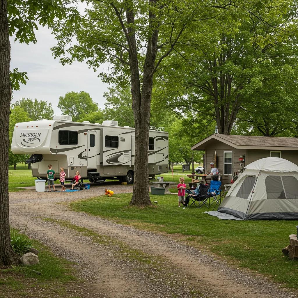 Family enjoying a seasonal campsite in Michigan with an RV and tent in a lush green setting