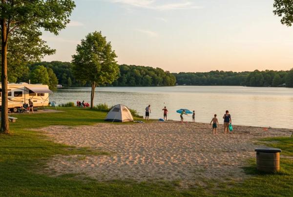 Family enjoying a serene lakeside campground in Ohio with a sandy beach and lush greenery