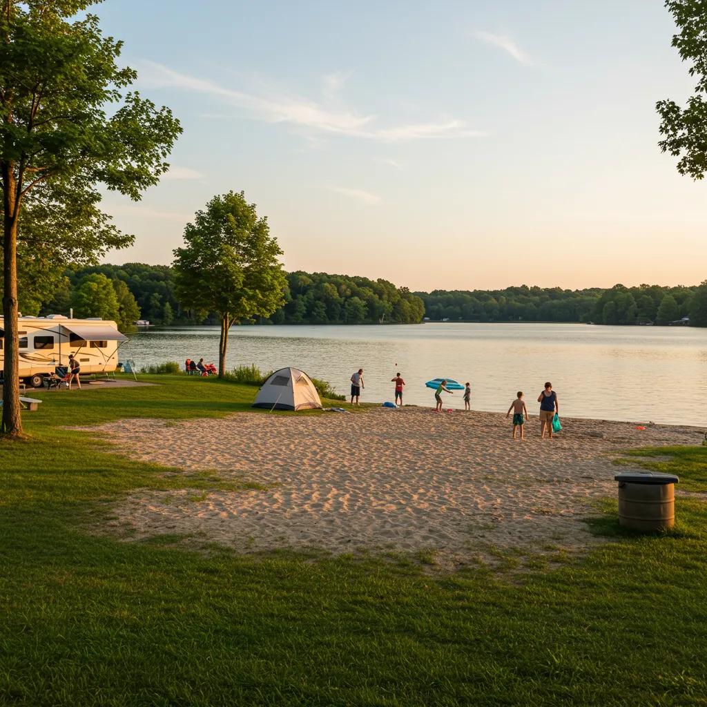Family enjoying a serene lakeside campground in Ohio with a sandy beach and lush greenery