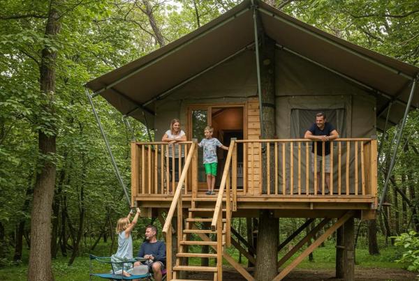 Family enjoying a unique camping experience in a treehouse surrounded by nature