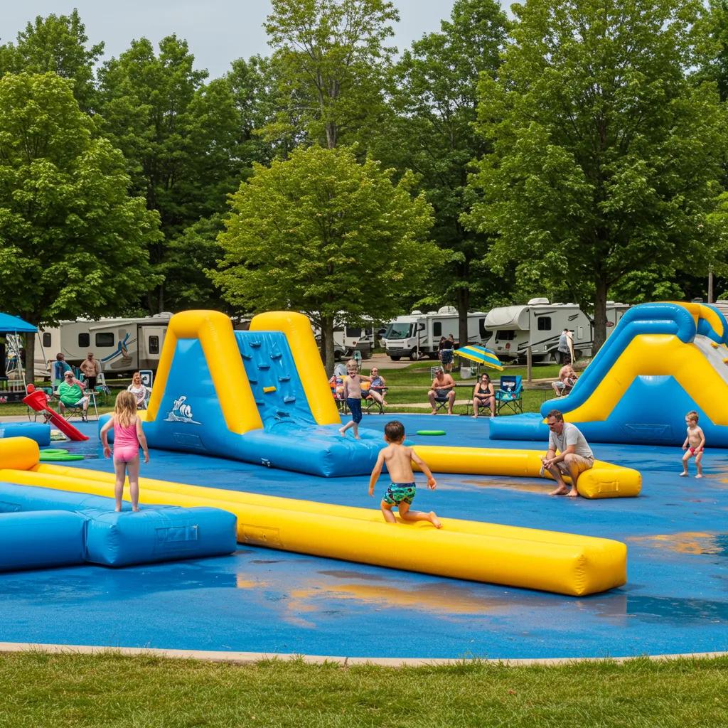 Family enjoying a water park at a campground in Michigan, highlighting outdoor fun and family bonding