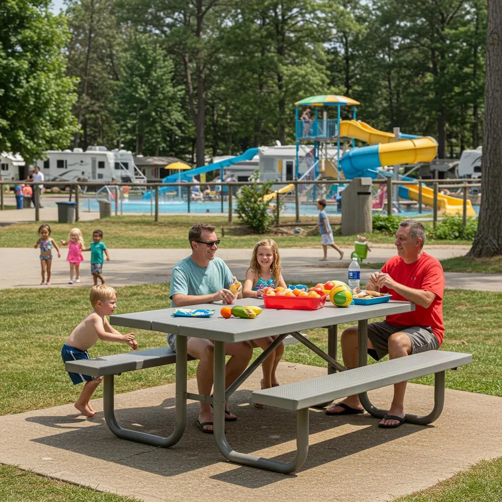 A family enjoying a picnic at a table with a water park visible in the background