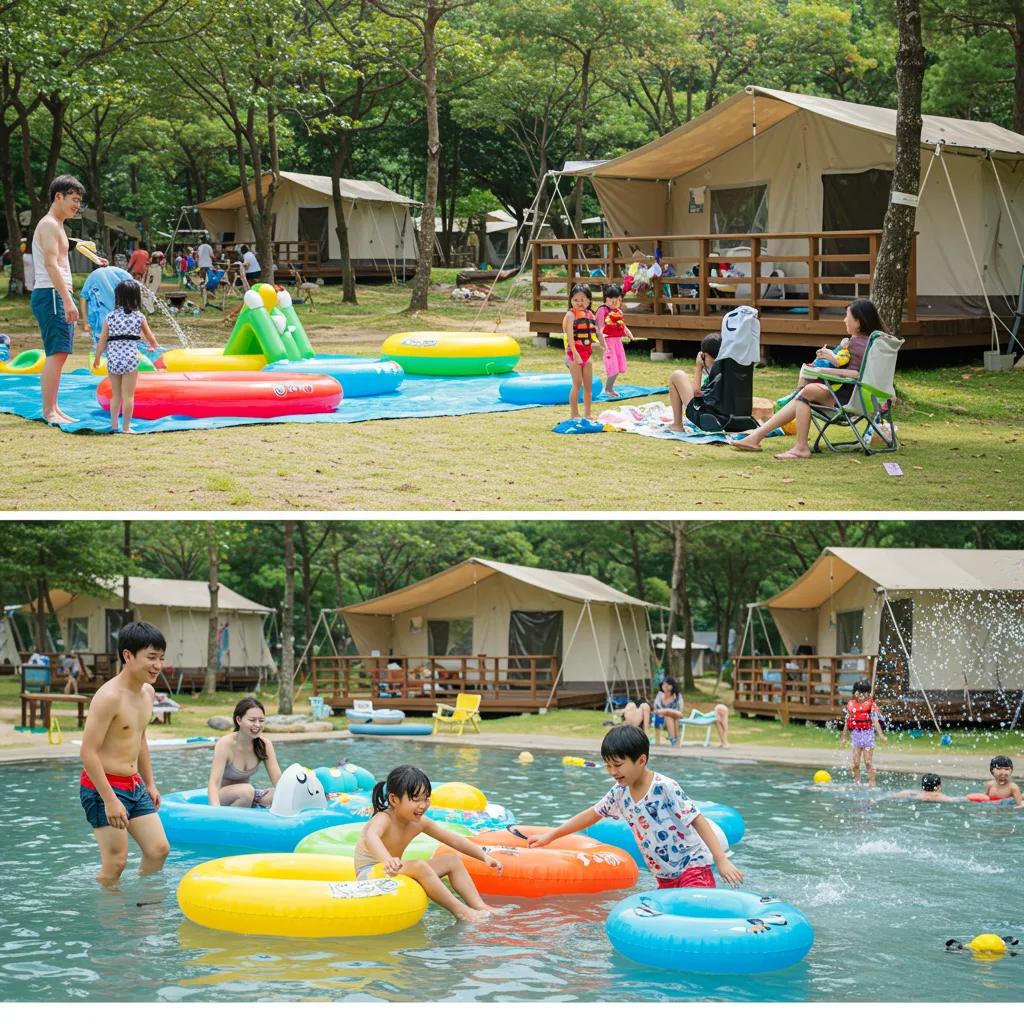 Family enjoying activities at a glamping site with water park and lake
