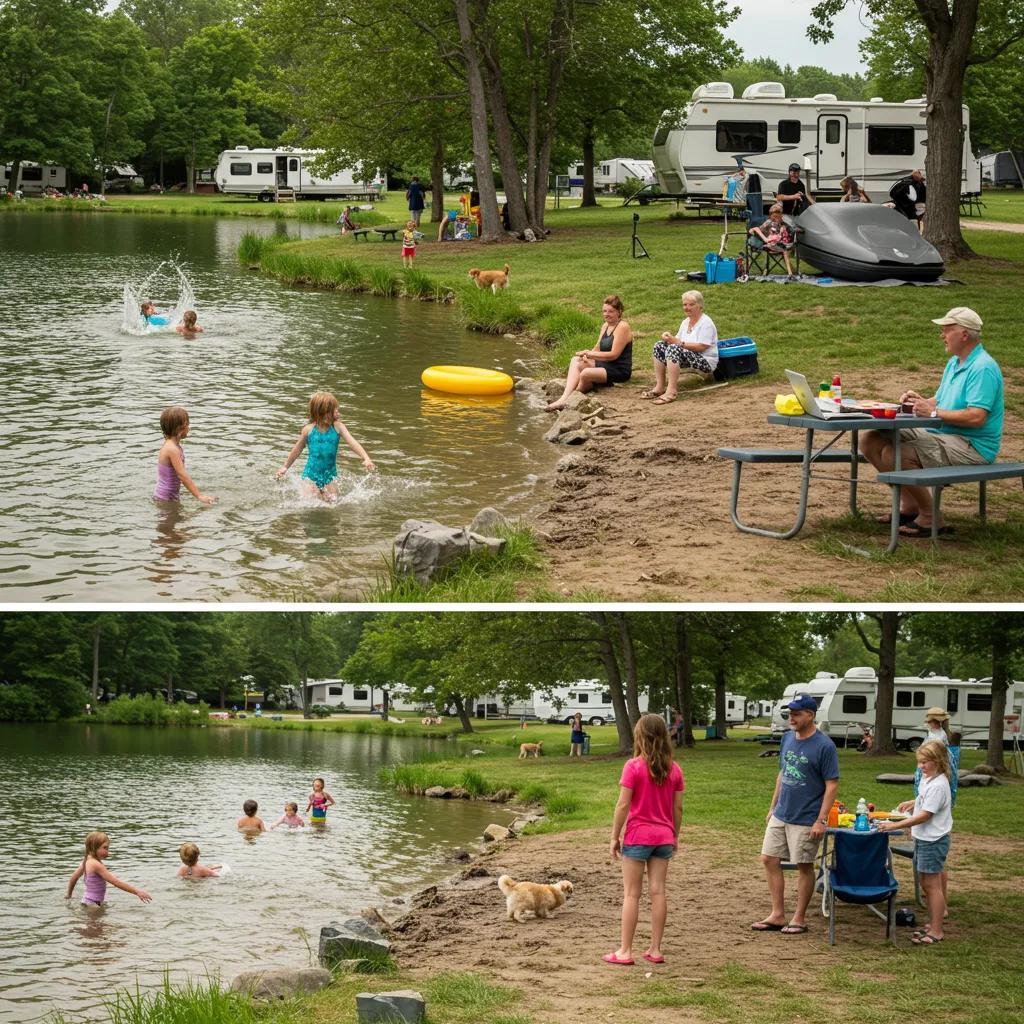 Family enjoying activities at Walnut Hills Family Campground in Michigan with their dog