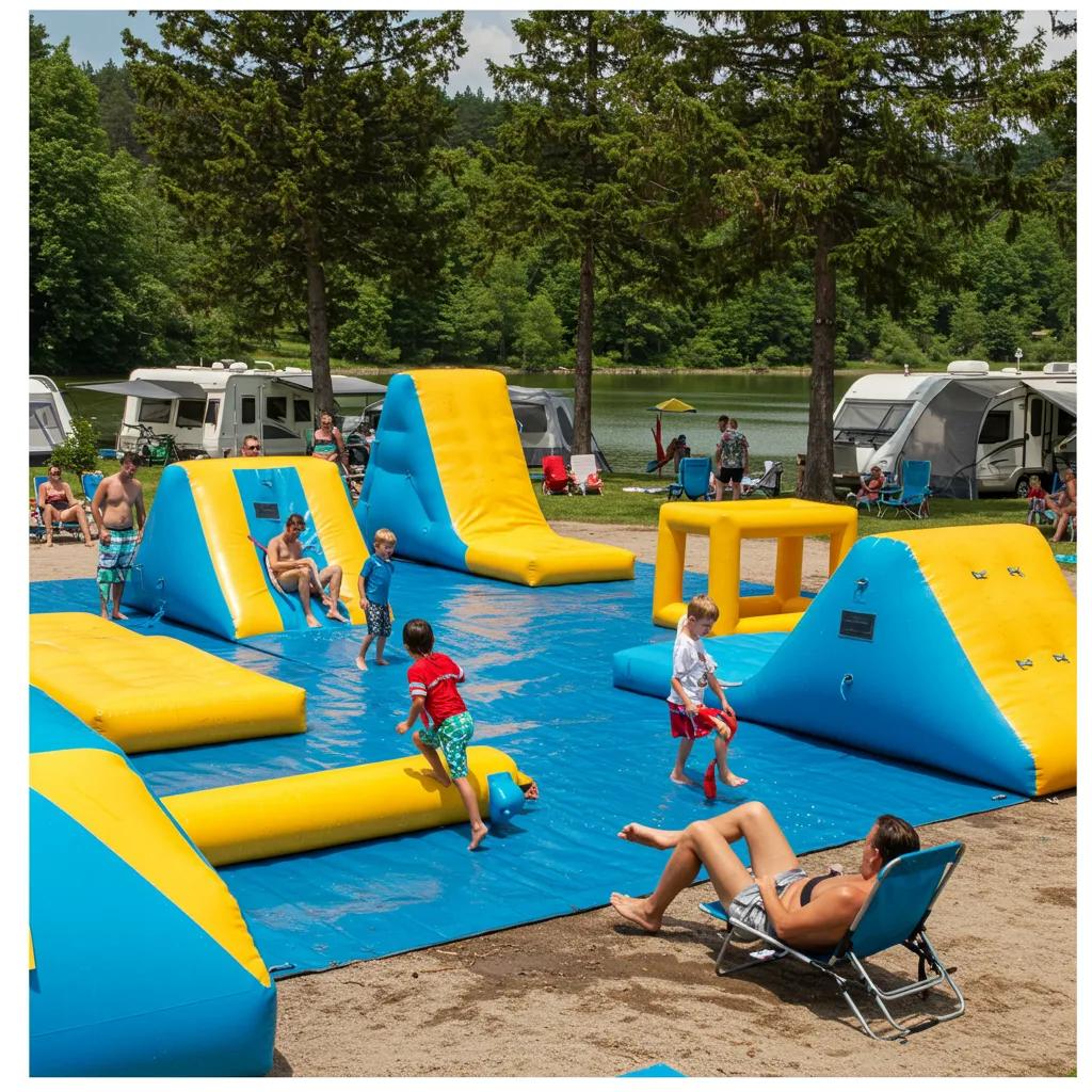 Family enjoying amenities at a campground with water play features